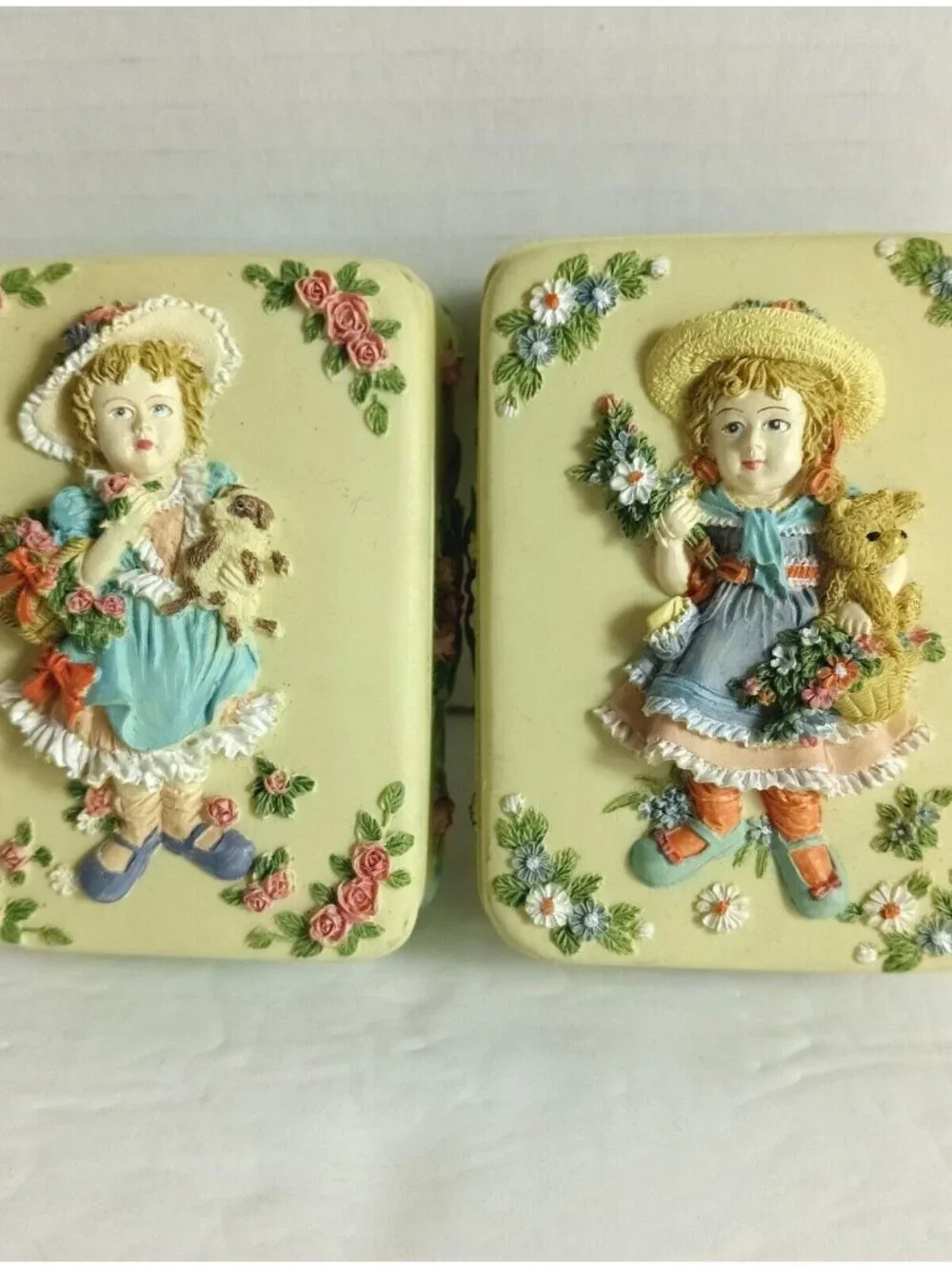 Pair of Vintage Yellow Rectangular Trinket Boxes with Raised Girl & Floral Desig